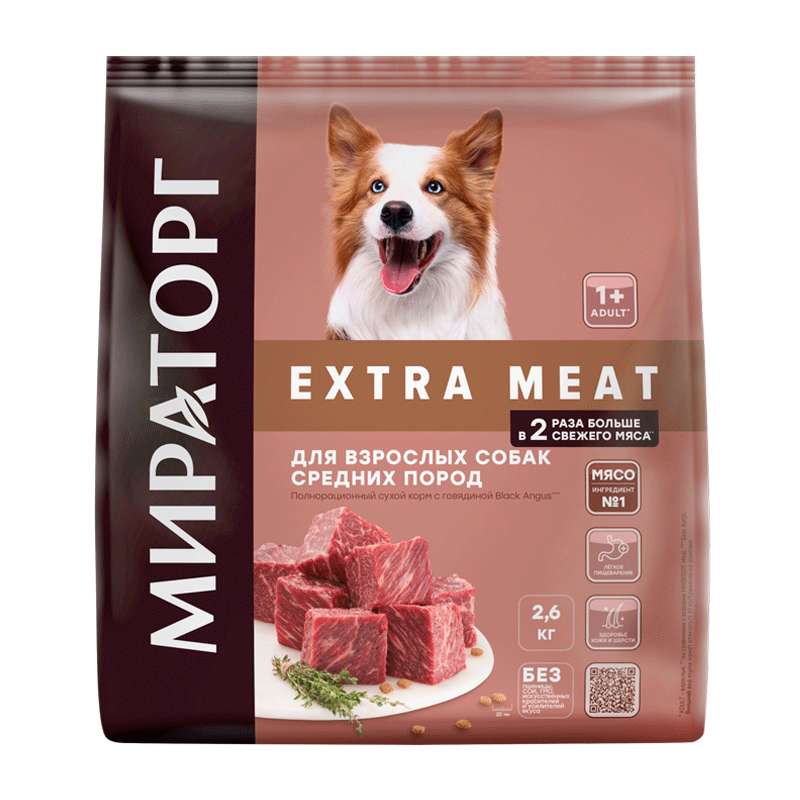 Полнорационный сухой корм с говядиной Black Angus для взрослых собак средних пород старше 1 года  Extra Meat