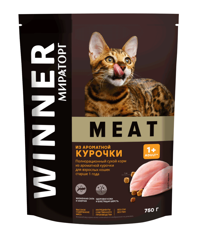 Полнорационный сухой корм для взрослых кошек старше 1 года из ароматной курочки 750 г WINNER MEAT